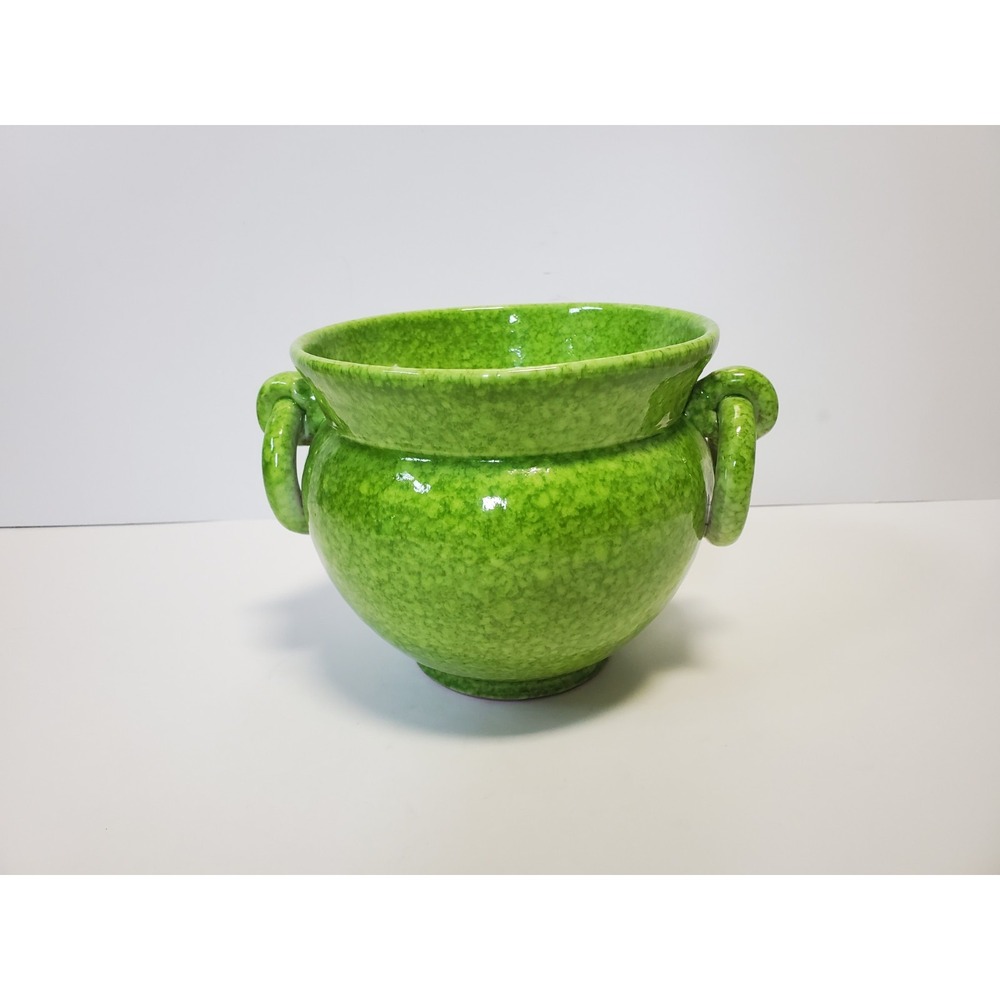 Vintage Italian Art Pottery Lime Green Cachepot Planter Ring Handles Italy MCM